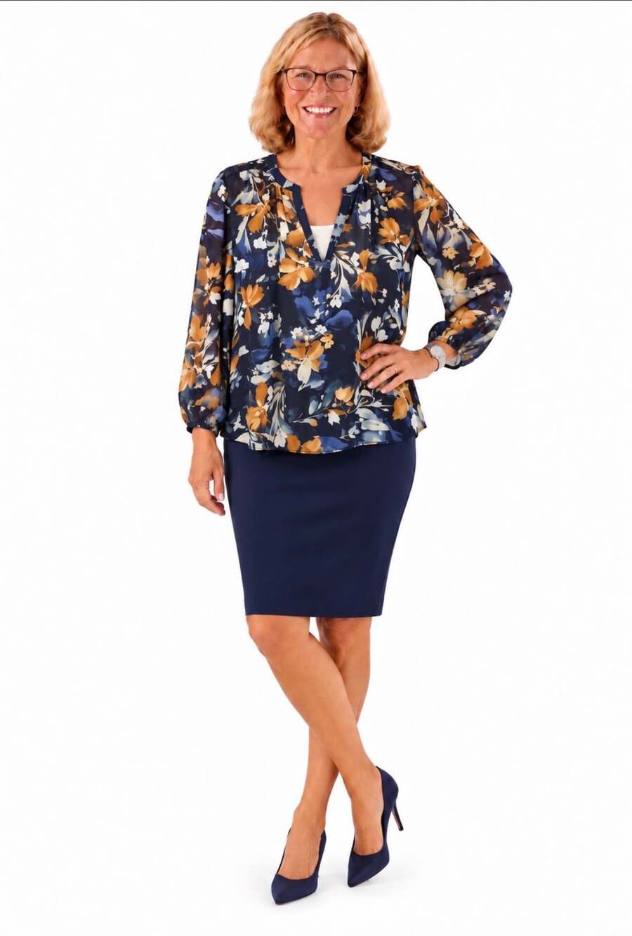 Chico's Floral Chiffon Long Sleeve V-Neck Blouse with Tank Top Set Size 2